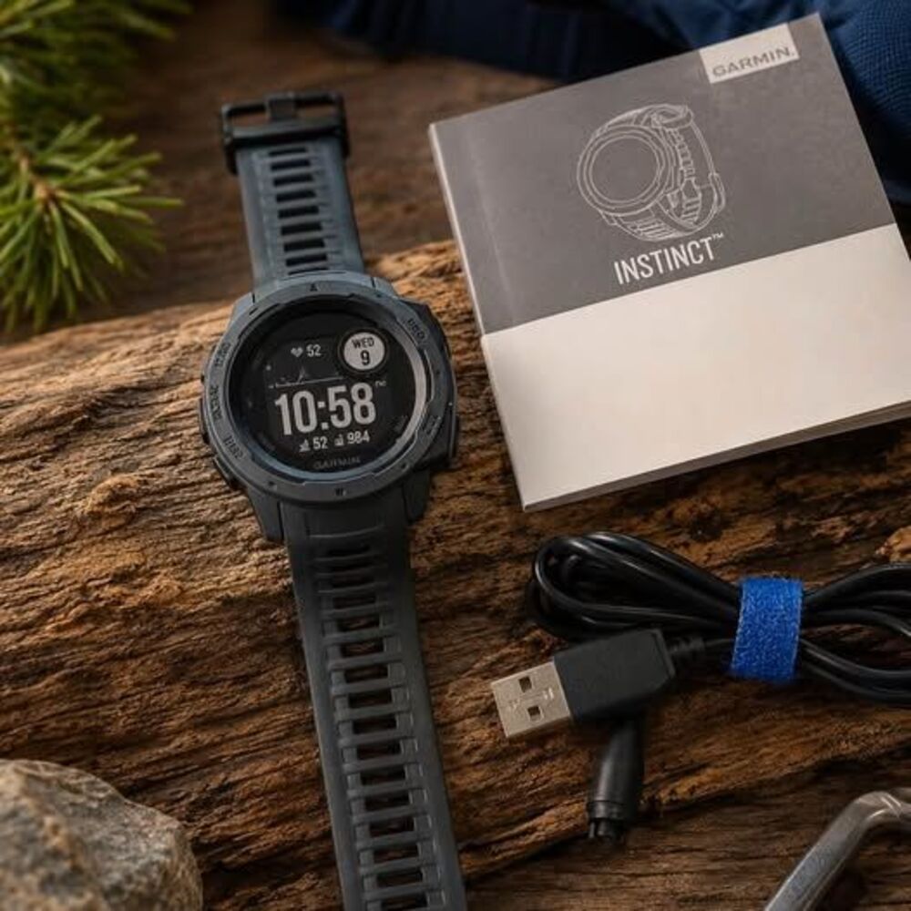 Garmin Instinct Rugged GPS Smartwatch – Graphite + Charger & Manual